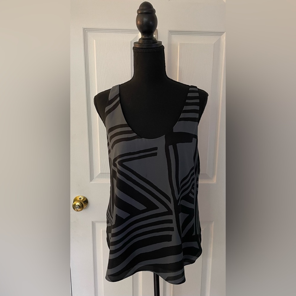 Sleeveless Loft top, black and grey geometric pattern, size S